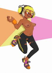 absurd_res blush bodily_fluids cephalopod clothed clothing electronics female genitals headphones hi_res humanoid inkling leggings leggings_only legwear marine miliandpaint mollusk nintendo nipple_piercing nipples not_furry open_mouth open_smile piercing pseudo_hair pussy simple_background smile solo splatoon sweat tentacle tentacle_hair topless