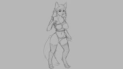 16:9 2018 anthro big_breasts breasts canid canine canis clothing crotchless digitigrade female grey_background greyscale hair half-closed_eyes legwear lingerie long_hair mammal monochrome navel nipples pussy simple_background solo standing stockings underwear watsup wolf