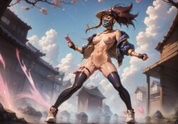 1girls ai_generated breasts female league69 league_of_legends long_hair mask nipples no_bra no_panties nude ponytail solo thighhighs thighs vibrator_in_pussy