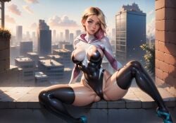 1girls ai_generated big_breasts blonde_hair breasts female gwen_stacy gwen_stacy_(spider-verse) league69 legs_apart long_hair looking_at_viewer marvel pink_hair solo spider-gwen spider-man:_across_the_spider-verse spider-man:_into_the_spider-verse spider_girl thighhighs thighs