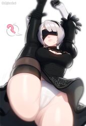 1girls ai_generated blindfold blush breasts cameltoe clothed expressionless female female_only fluffylewdsai from_below fully_clothed mole mole_under_mouth motion_lines nier:_automata nier_(series) pussy silver_hair solo spoken_question_mark standing_on_one_leg standing_split white_background yorha_2b