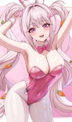 1girls abp_art alice_(nikke) alice_(wonderland_bunny)_(nikke) breasts bunny_ears bunny_girl bunnysuit female female_only fully_clothed goddess_of_victory:_nikke light-skinned_female light_skin long_hair medium_breasts pink_eyes pink_hair revealing_clothes shiny_clothes smile tight_clothing twintails