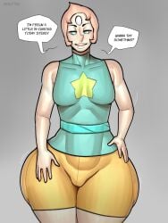 1girls alternate_breast_size aqua_eyes breasts cartoon_network curvy gem_(species) huge_hips huge_thighs looking_at_viewer peach_hair pearl_(steven_universe) skin_tight skin_tight_clothes skin_tight_outfit skintight small_breasts steven_universe text thick_thighs yelftea yellow_shorts