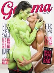 2girls ai_generated breasts female_only green_skin jennifer_walters magazine_cover marvel marvel_comics muscle_girl muscles muscular_female muscular_woman nipples she-hulk she_hulk thick_thighs yuri