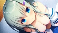 :o areolae belly blue_eyes blush bra breasts carpet eyebrows_visible_through_hair female game_cg grey_hair hair_ornament hinata_momo hyakka_kanade kotonoha_maichiru_natsu_no_koe long_hair looking_at_viewer medium_breasts navel nipples open_clothes open_shirt school_uniform skirt solo underwear wooden_floor