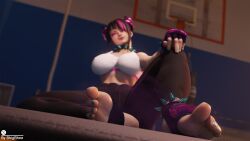 1girls 3d 3d_(artwork) abs bhigbhee black_hair breasts choker collar curled_toes female_only foot_fetish foot_focus gloves gym hi_res highres juri_han large_breasts nail_polish sitting smile solo spiked_anklet spiked_bracelet spiked_collar steam street_fighter thick_thighs tight_clothing two_tone_hair watermark yoga_pants