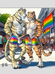 anthro balls bottomwear clothing duo erection felid gay genitals hi_res hufnaar hufnaar_(character) lgbt_pride male male_only mammal pantherine penis pride_color_clothing pride_color_flag pride_colors shirtless shorts tiger ulbrek