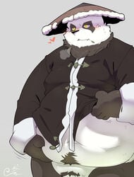 2017 absurd_res anthro belly blizzard_entertainment blush chen_stormstout clothing giant_panda hat headgear headwear heart hi_res humanoid_hands leaf male male_only mammal overweight overweight_male penis penis_base pubes quanjiang robe solo ursid video_games warcraft