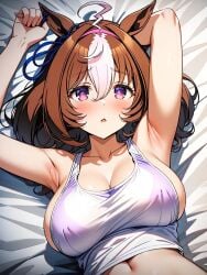 1girls ai_generated big_breasts breasts brown_hair cleavage collarbone female huge_breasts meisho_doto_(umamusume) merry〜 solo sports_bra sportswear two_tone_hair umamusume umamusume_pretty_derby white_hair