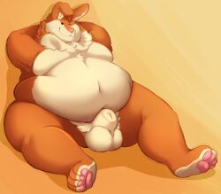 2017 4_toes against_surface against_wall animal_genitalia anthro bedroom_eyes belly big_belly big_moobs biped digital_drawing_(artwork) digital_media_(artwork) fat_rolls feet fully_sheathed fur genitals hands_behind_head huge_belly lagomorph leporid looking_at_viewer love_handles male mammal moobs munkbunny narrowed_eyes nude obese obese_anthro obese_male one_eye_closed orange_body orange_fur oreocakes overweight overweight_anthro overweight_male pawpads paws plantigrade rabbit seductive sheath simple_background sitting sitting_on_ground smile solo thick_thighs toes