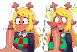 1girls ai_generated anthro big_breasts blonde_hair breasts buckteeth deltarune female female_focus large_breasts large_penis long_hair looking_at_penis mammal noelle_holiday penis penis_against_face penis_awe penis_on_face sweatdrop sweater_vest