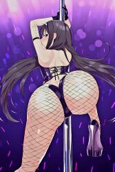 ai_generated akemi_homura ass ass_focus back_view big_ass black_hair butt_focus fishnets high_heels long_hair madoka_worship magical_girl mahou_shoujo_madoka_magica puella_magi_madoka_magica purple_eyes straight_hair stripper stripper_pole