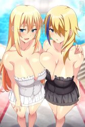 2girls big_breasts blonde_hair blue_eyes breast_focus breast_to_breast breasts claire_(konosuba) cleavage clothing darkness_(konosuba) female female_only hair hair_over_one_eye hand_on_shoulder huge_breasts kono_subarashii_sekai_ni_shukufuku_wo! large_breasts lindaroze long_hair looking_at_viewer multicolored_hair multiple_girls skirt smile standing symmetrical_docking