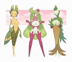 absurd_res anthro arboliva armwear big_breasts bodily_fluids breasts clothing elbow_gloves elemental_creature featureless_feet feet female flora_fauna garter_belt garter_straps generation_5_pokemon generation_7_pokemon generation_9_pokemon genitals gloves group handwear hi_res leavanny legwear miliandpaint nintendo nude plant pokemon pokemon_(species) pussy simple_background sweat thigh_highs trio tsareena