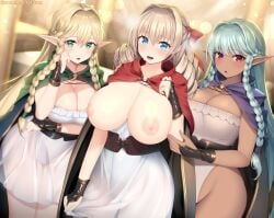 aqua_hair blonde_hair blue_eyes blush braid braided_sidelock breasts cleavage cloak dark-skinned_female dark_elf dark_skin dress drill_hair elf eltolinde_(unicorn_overlord) green_cloak green_eyes hair_intakes hair_ribbon highres kashiwamochi_yomogi large_breasts leotard long_hair nipples pointy_ears purple_cloak ribbon rosalinde_(unicorn_overlord) scarlett_(unicorn_overlord) see-through see-through_dress siblings side_braids sisters smile unicorn_overlord variant_set very_long_hair white_leotard