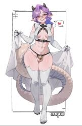 1futa 2024 artist_name balls blush bottom_heavy breasts brown_tail chastity_belt chastity_cage chastity_device claws clothed clothing commission copyright_request flaccid full_body futa_only futanari glasses grey_tail head_tilt heart highres humanoid kaida_draco light-skinned_futanari light_skin looking_at_viewer medium_breasts monster_girl mostly_nude navel open_mouth orange_eyes pointy_ears purple_hair simple_background sin_(sintrybest) sintrybest_(artist) solo spoken_heart standing tail testicles thick_thighs thighs twitter_username white_background wide_hips