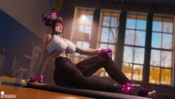 1girls 3d 3d_(artwork) abs bhigbhee black_hair breasts choker collar female_only gloves gym hi_res highres juri_han large_breasts sitting smile solo spiked_anklet spiked_bracelet spiked_collar street_fighter thick_thighs tight_clothing two_tone_hair watermark yoga_pants