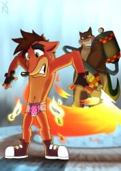 2016 2boys anthro crash_(series) crash_bandicoot crash_bandicoot:_warped dingodile fire furry furry_male heart_underwear hybrid male male_only no_humans scalie tagme underwear vandroiy