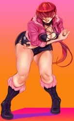 bangs_over_eyes bare_thighs big_breasts cashumeru cleavage earrings female_focus fur_trim high_heels highres king_of_fighters king_of_fighters_xv kof ponytail red_hair shermie_(kof) snk thick_thighs voluptuous voluptuous_female