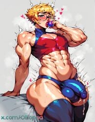 1boy 1femboy abs ai ai_generated back_muscles balls big_ass big_balls big_butt big_thighs blonde_hair blue_eyes choker clothed femboy hung_trap muscular muscular_arms muscular_male nipples orb orb_mage(oc) precum solo solo_femboy solo_male thick_ass thick_thighs trap yaoi