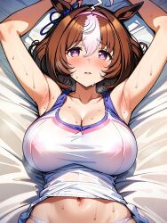 1girls ai_generated big_breasts breasts brown_hair cleavage collarbone female huge_breasts meisho_doto_(umamusume) merry~ merry〜 solo sports_bra sportswear two_tone_hair umamusume umamusume_pretty_derby white_hair