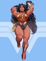 1girls adjusting_hair arms_up artist_signature bare_shoulders big_hair black_hair boots broad_shoulders curly_hair dark-skinned_female dc_comics full_body lasso lasso_of_truth looking_at_viewer medium_breasts muscular_arms muscular_female muscular_legs muscular_thighs red_footwear rope smile solo standing strapless strapless_leotard thick_thighs tiara vambraces vegeebs very_long_hair wonder_woman wonder_woman_(series)