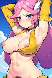 ai_generated armpits armwear blue_eyes breasts choker earrings muscles muscular nipple_slip pink_hair pubic_hair puyo_puyo puyo_puyo_fever raffina_(puyo_puyo) sweat tensor_art yellow_bra