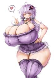 1girls 2b-ge 2b213 alternate_breast_size bare_shoulders blush breasts bursting_breasts cleavage dress female gigantic_breasts hair_ornament heart huge_breasts looking_at_viewer massive_breasts purple_eyes purple_hair short_hair short_hair_with_long_locks smile solo speech_bubble spoken_heart thick_thighs thighhighs voiceroid white_background wink yuzuki_yukari