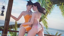 2girls 3d alternate_costume ass blender d.va female female_only hydrafxx lifeguard_tracer one-piece_swimsuit overwatch swimsuit tracer wallpaper yuri