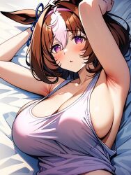 1girls ai_generated big_breasts breasts brown_hair cleavage collarbone female huge_breasts meisho_doto_(umamusume) merry〜 shirt solo two_tone_hair umamusume umamusume_pretty_derby white_hair