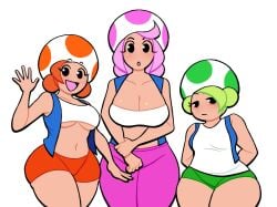 3girls bare_shoulders big_breasts big_thighs black_eyes blue_vest blush breasts cleavage clothed clothing crop_top curvy different_breast_sizes green_hair green_shorts half-closed_eyes humanoid light-skinned_female light_skin looking_at_viewer lovetopullmicke mario_(series) medium_breasts midriff mushroom_girl mushroom_humanoid nintendo no_nose open_mouth orange_hair orange_shorts pants paper_mario paper_mario:_the_thousand-year_door pink_hair pink_pants shorts size_difference small_breasts tank_top thick thick_hips thick_thighs thighs toad_(mario) traveling_sisters_3 trio underboob vest white_background white_crop_top white_tank_top wide_hips