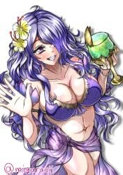 1girls alternate_costume bikini breasts camilla_(fire_emblem) camilla_(summer)_(fire_emblem) cleavage drink female female_only fire_emblem fire_emblem_fates fire_emblem_heroes flower grin hair_flower hair_over_one_eye large_breasts nintendo official_alternate_costume pink_eyes purple_bikini purple_hair purple_swimsuit sarong see-through sideboob skindentation smile solo swimsuit very_long_hair violet_migu18 waving waving_at_viewer