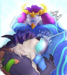 absurd_res anthro asian_mythology asphyxiation aurelion_sol balls blue_body bodily_fluids canid canine canis choking choking_on_penis claws digital_media_(artwork) dragon duo eastern_dragon erection fur genital_fluids genitals hair hexkates hi_res horn knot league_of_legends male male/male male_penetrated male_penetrating mammal muscular muscular_male mythological_creature mythological_scalie mythology nipples nude oral oral_penetration penetration penis riot_games saliva scalie sex simple_background smile teeth tencent warwick wolf