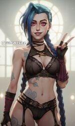 1girls ai_generated arcane arcane_jinx black_bra black_panties blue_hair braids female female_only illyfurina jinx_(league_of_legends) lace_lingerie league_of_legends league_of_legends:_wild_rift lingerie long_hair navel necklace purple_eyes purple_lips seducing seductive seductive_body seductive_eyes seductive_look seductive_mouth seductive_pose seductive_smile sensual skinny skinny_girl skinny_waist smile smiling smiling_at_viewer solo tattoo tattoos teeth waist