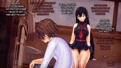 3d akame_(akame_ga_kill!) akame_ga_kill! bed bedroom bedroom_eyes black_hair blizzard_(weather) brown_hair dialogue english english_text imminent_sex koikatsu large_breasts non-canon_couple red_eyes shelter tatsumi_(akame_ga_kill!) text uniform v-kris waiting