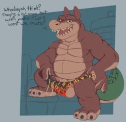 2019 absurd_res anthro balls bulge clothed clothing crash_(series) crocodilian dialogue dingodile english_text foreskin fur hi_res humanoid_penis hybrid male male_only mammal naughty_dog open_mouth pecs penis reptile scalie simple_background solo sony_corporation sony_interactive_entertainment spectral-bat speedo swimwear talking_to_viewer teeth text topless uncut video_games