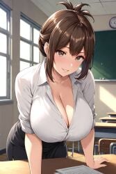 ai_generated brown_eyes brown_hair classroom cleavage evodubeai hanging_breasts huge_breasts kojima_kana kojima_kana_(nande_koko_ni_sensei_ga!?) leaning_forward leaning_on_table nande_koko_ni_sensei_ga!? school shirt skirt smile teacher topwear unbuttoned_shirt