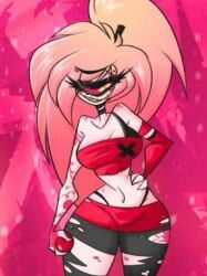 big_breasts black_panties boobs cherri_bomb_(hazbin_hotel) cyclops cycoriot demon demon_girl fluffy_hair hand_on_hip hazbin_hotel one_eye pink_hair ponytail tattoo tattoos thick_thighs vivziepop wide_hips