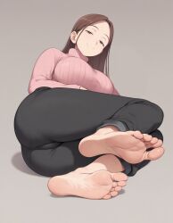 ai_generated barefoot brown_eyes brown_hair feet half-closed_eyes lying pants presenting_feet smile supergetthi sweater