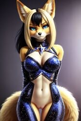 1girls ai_generated anthro bare_shoulders black_hair blonde_fur blonde_hair blue_clothing blue_eyes canine casual_exposure cleavage dancer exposed_pussy exposed_stomach female female_only fox fox_ears fox_tail furry gray_background inner_ear_fluff innie_pussy looking_at_viewer mostly_clothed pussy standing star_(symbol) two_tails two_tone_hair