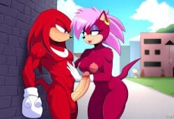 ai_generated alley areola breasts brick_wall buildings female gold_jewelry green_eyes imminent_sex knuckles_the_echidna male male/female pavement penis red_lipstick sonia_the_hedgehog sonic_(series) sonic_the_hedgehog_(series) violet_skin