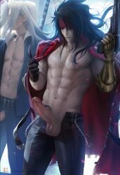 abs big big_penis black_hair blush cock final_fantasy final_fantasy_vii group gun holding large large_penis long_hair male male_only naked nipples nude nude_cover nude_edit nude_filter nude_male penis red_eyes sakimichan sephiroth standing uncensored vincent_valentine white_hair white_skin