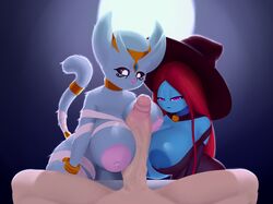 2018 3v4 amberosa android anthro bandage big_breasts big_penis black_sclera blue_nipples bracelet breasts clothed clothing collar crown dibujosv12 double_paizuri duo_focus egyptian felid feline female group group_sex hair halloween headdress hi_res holidays huge_breasts huge_cock human human_on_anthro humanoid interspecies jewelry long_hair machine magic_user male male_human/female_anthro male_human/female_humanoid male_human/female_robot mammal moon nipples outercourse paizuri penis pink_nose purple_eyes red_hair robot sex smile straight threesome vein white_eyes witch