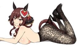 1girls animal_ears box_wonderland braid breasts brown_hair female female_only gentildonna_(umamusume) hair_ornament high_heels horse_ears lace_pantyhose_hooked_on_heel_(meme) laying_on_stomach looking_at_viewer meme meme_reference pantyhose red_eyes tagme tail umamusume umamusume_pretty_derby