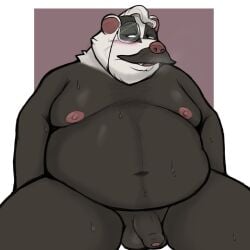 1boy 2024 alex_badger anthro badger balls bara belly big_belly black_body eyewear facial_hair fat fat_belly fat_man genitals hi_res male male_only mammal monocle moobs moustache mustelid musteline navel nipples obese obese_male overweight overweight_male penis rivals_of_aether simple_background smush-sin solo white_body