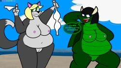 2girls amy_wolfe anthro bbw belle_(kenmazu95) big_breasts black_hair blonde_hair blue_eyes bra_removed chubby chubby_female completely_naked completely_naked_female completely_nude completely_nude_female dragon dragon_girl fat fat_belly furry goth_girl green_body green_dragon green_eyes green_scales grey_body grey_fur holding_bra kenmazu95 naked naked_females nude nude_beach nude_female overweight_female panties_around_finger purple_eyeliner pussy scalie thick_thighs tummy unclothed undressed vagina wolf wolf_girl