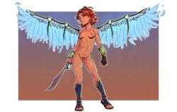 armor audialti breasts brown_eyes fenyx freckles greek_female greek_mythology hairy_pussy immortals:_fenyx_rising naked nude partially_clothed pubic_hair red_hair sandals sword toes ubisoft wings