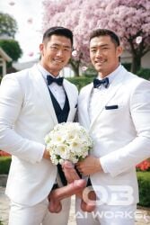 2boys ai_generated asian asian_male balls bara big_cock big_penis bouquet bowtie cherry_blossoms cock facial_hair flower_petals flowers fully_clothed fully_clothed_male gay gay_couple gay_male male male/male male_only mature mature_male muscular muscular_male ob_aiworks outdoors outside penis pov public public_nudity realistic short_hair smiling smiling_at_viewer watermark wedding wedding_suit white_suit yaoi