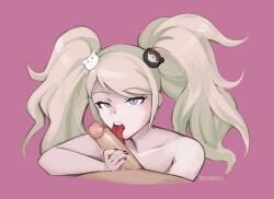 1boy 1girls blonde_hair danganronpa grey_eyes hair_ornament holding_penis junko_enoshima licking_penis long_hair looking_at_viewer nude open_mouth presenting triplestabber uninterested