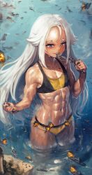 dark_skin female_focus female_only giantess giga_giantess humiliation long_hair looking_down macro macro_female macro_focus muscle muscle_girl ocean smug_face white_hair yilx